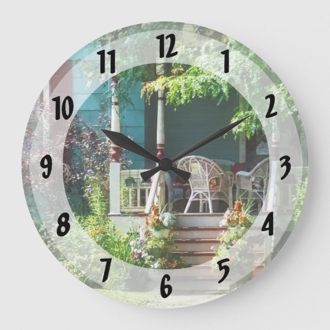 Porch With Flowerpots and Wicker Chairs Large Clock (Front)