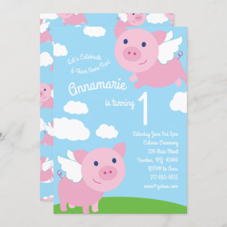 Porcs Volants 1er Anniversaire Cute Invitations