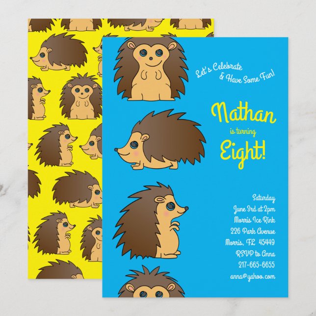 Porcupine Hedgehog Kids Birthday Party Invitation (Front/Back)