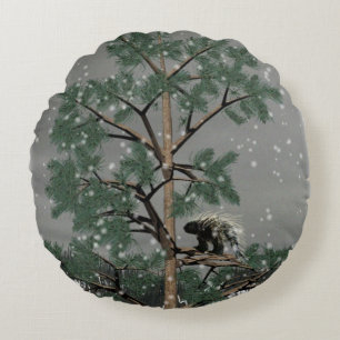 Porcupine In A Pine Tree Round Pillow