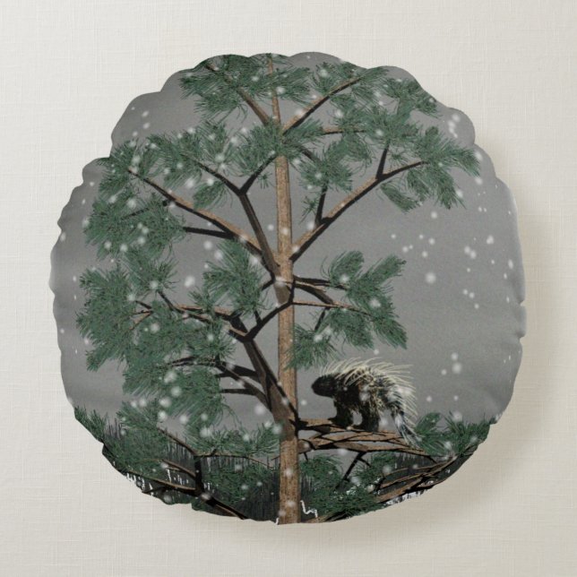 Porcupine In A Pine Tree Round Pillow (Front)