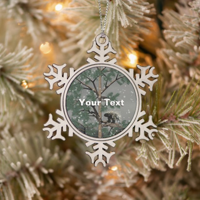 Porcupine In A Pine Tree Snowflake Pewter Christmas Ornament (Tree)