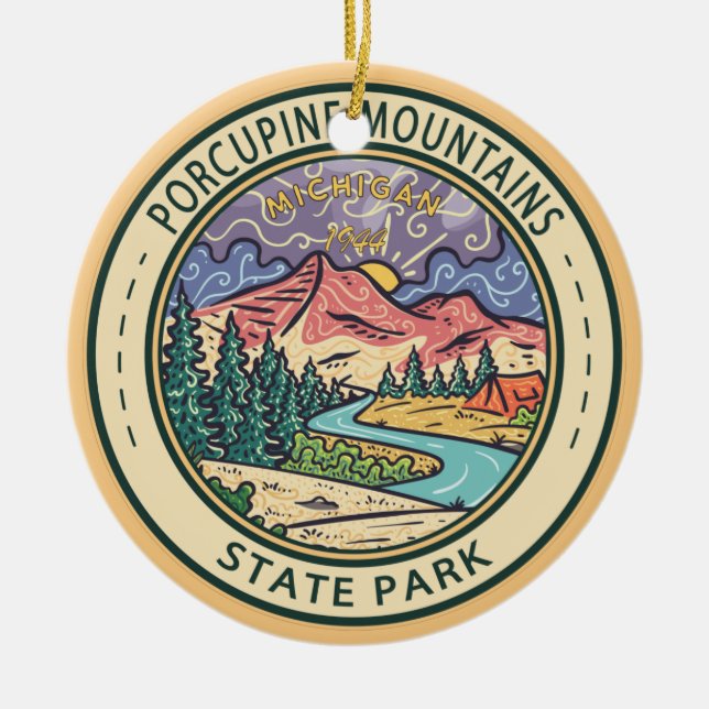Porcupine Mountains State Park Michigan Badge Ceramic Ornament (Front)