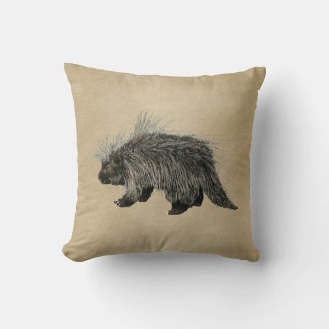 Porcupine On Old Paper Throw Pillow (Front)