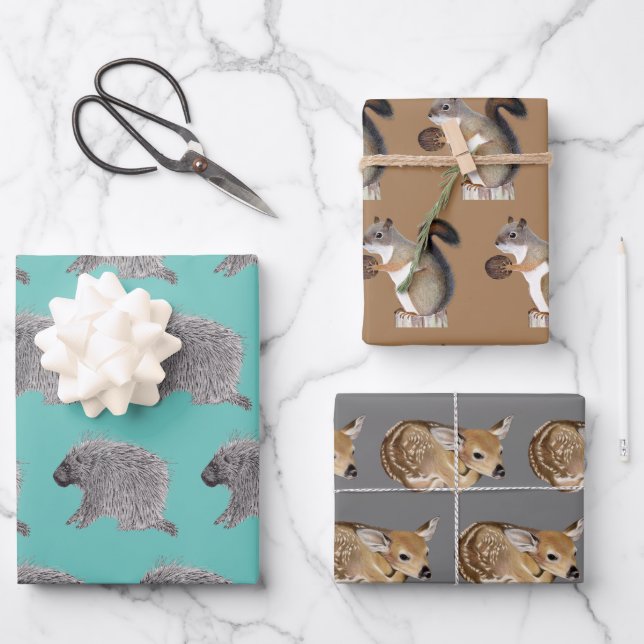 Porcupine, Squirrel and Fawn Wrapping Paper Sheet (Front)