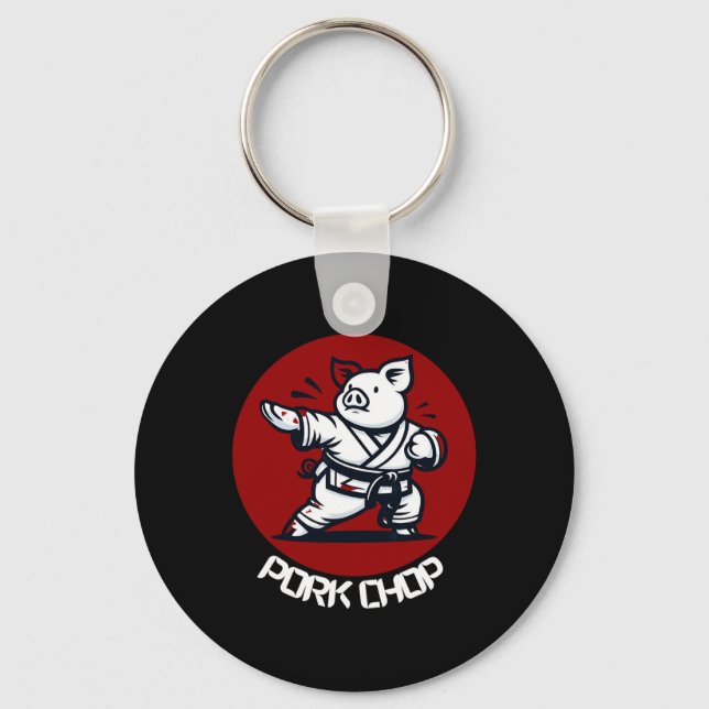 Pork Chop Karate Pig Funny Pun Martial Arts  Keychain (Front)