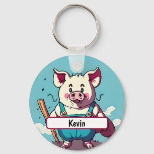 Porky the Farmer With Customizable Nametag Keychain