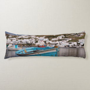 Port and harbour area with Greek fishing boats Body Pillow