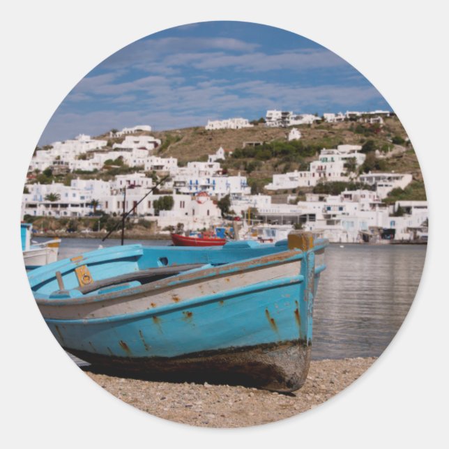 Port and harbour area with Greek fishing boats Classic Round Sticker (Front)