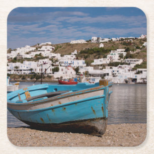 Port and harbour area with Greek fishing boats Square Paper Coaster
