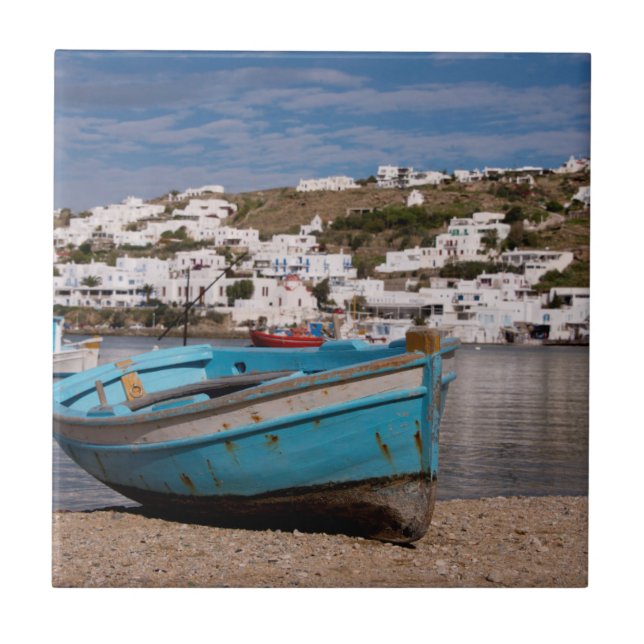 Port and harbour area with Greek fishing boats Tile (Front)
