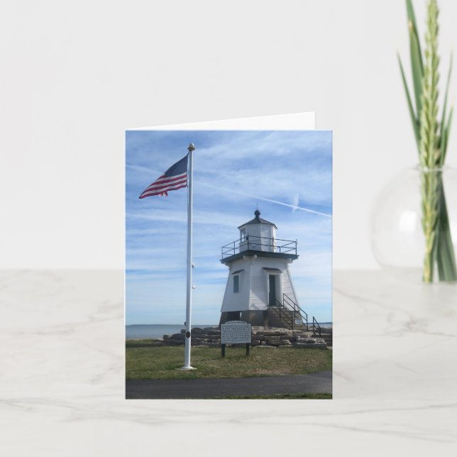 Port Clinton Lighthouse with Flag blank note card (Front)