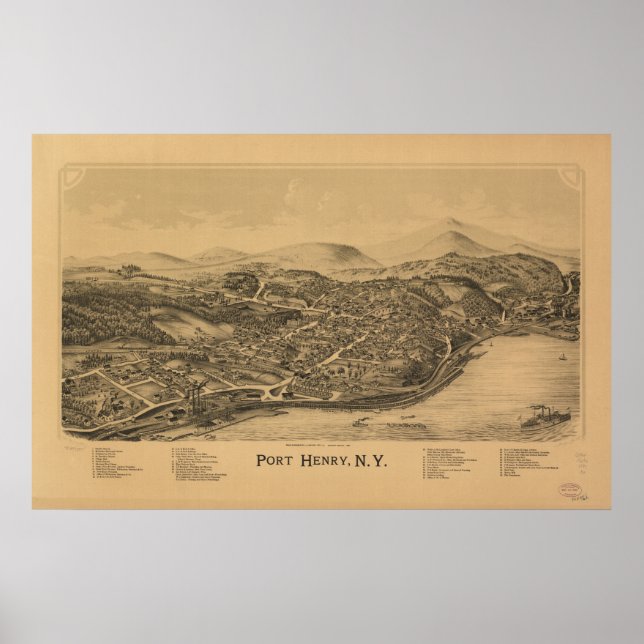 Port Henry New York 1889 Antique Panoramic Map Poster (Front)