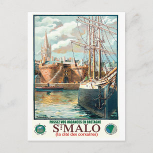 Port in Saint-Malo city, France, vintage travel Postcard