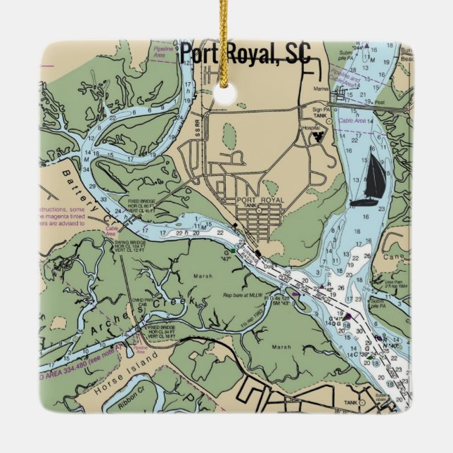 Port Royal South Carolina Chart Ceramic Ornament (Back)