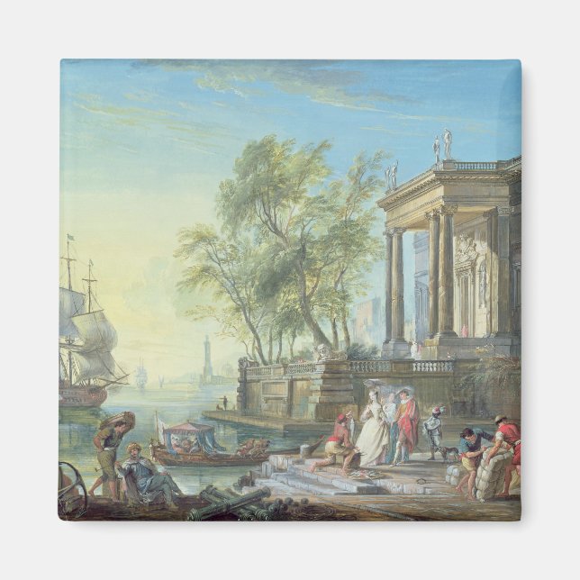 Port Scene with Setting Sun (oil on canvas) Magnet (Front)