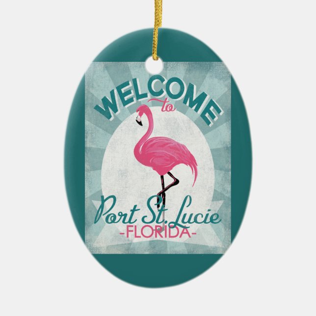 Port St Lucie Florida Pink Flamingo Retro Ceramic Ornament (Front)