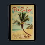 Port St Lucie Palm Tree Vintage Travel Magnet<br><div class="desc">A uniquely retro mid-century modern Port St. Lucie Florida art print in vintage travel poster style. It features a curved palm tree on sandy beach with ocean under a blue cloudy sky.</div>
