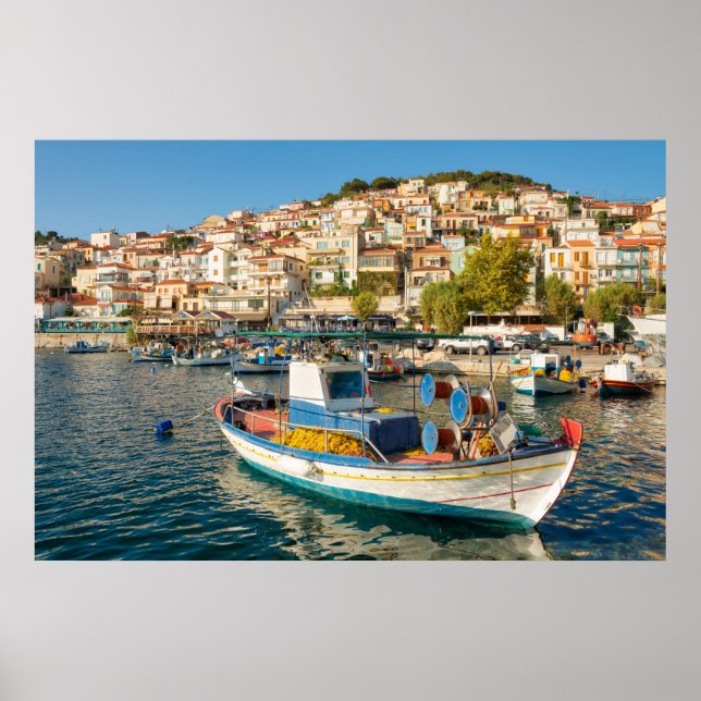 Port with fishing boats in Plomari, Lesvos, Greece Poster (Front)