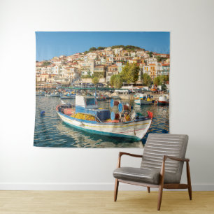 Port with fishing boats in Plomari, Lesvos, Greece Tapestry
