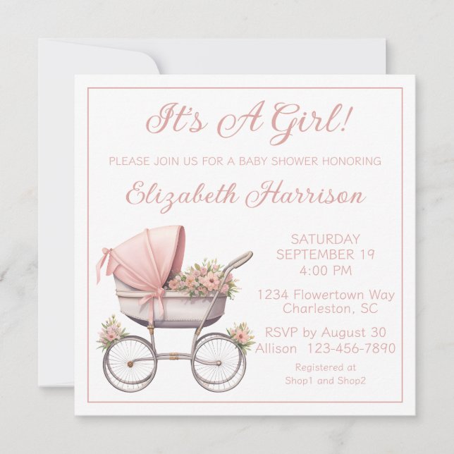 Porte-bébé vintage Baby Girl Douche Invitation (Devant)