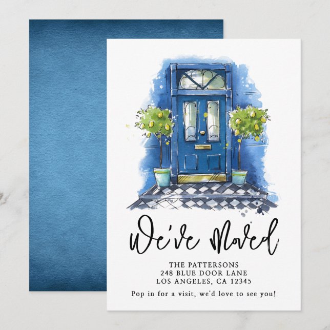 Porte bleue Aquarelle Faire-part de déplacement (Devant / Derrière)