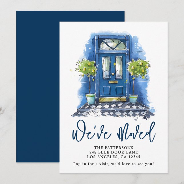 Porte bleue Aquarelle Faire-part de déplacement (Devant / Derrière)