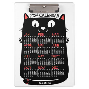 Porte-bloc 2024 Année Calendrier mensuel Chat noir du milieu 