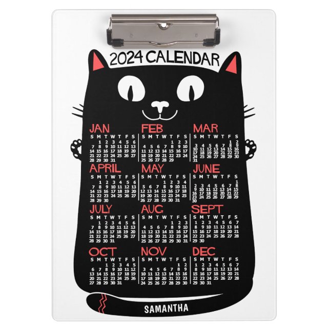 Porte-bloc 2024 Année Calendrier mensuel Chat noir du milieu  (Devant)