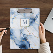 Porte-bloc à monogramme en marbre blanc bleu or