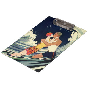 Porte-bloc Amants Art Déco vintage s'embrassent dans les vagu