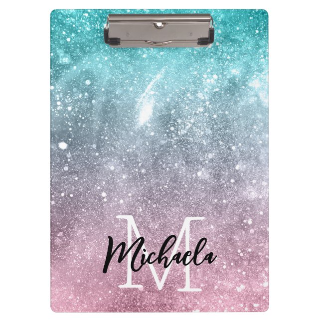 Porte-bloc Aqua blue Pink ombre mer galaxie abstraite Monogra (Devant)