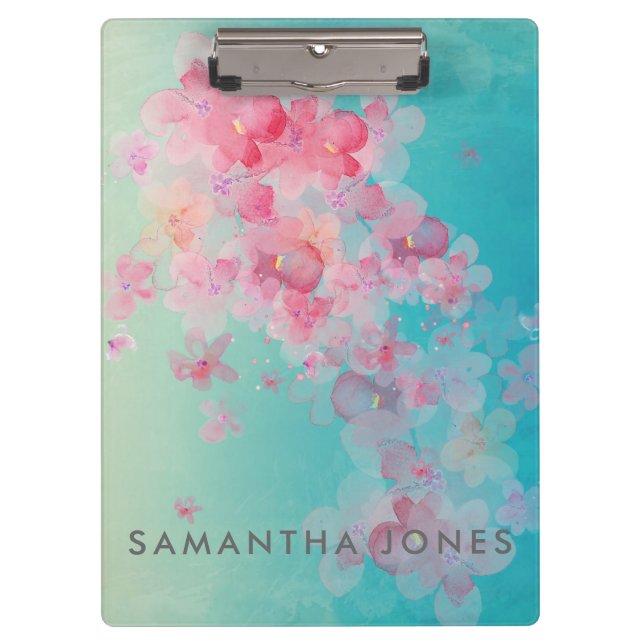 Porte-bloc Aquarelle bleue Peint rose pastel Fleurs (Devant)