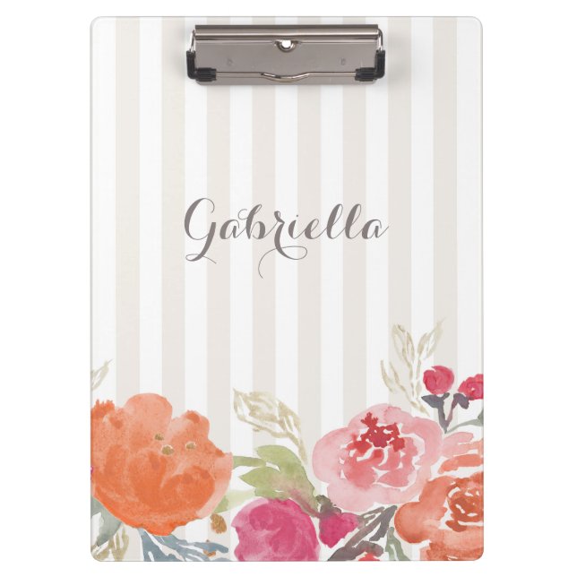 Porte-bloc Aquarelle Orange Peonies Pinstripes Personnalisé (Devant)
