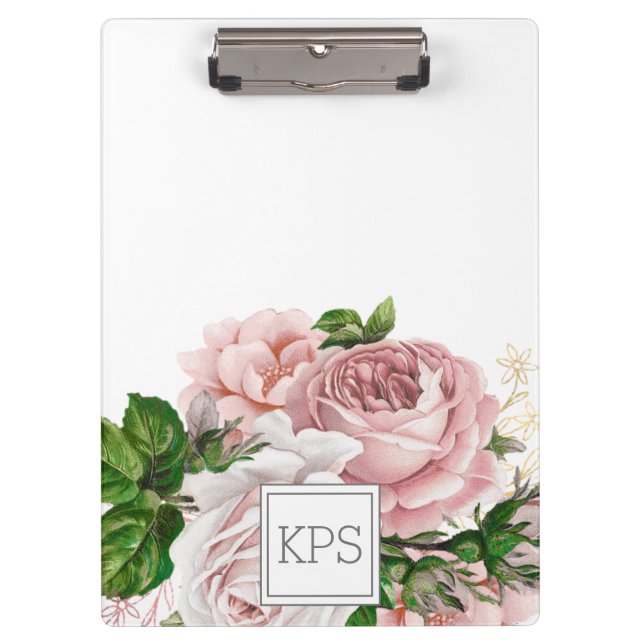 Porte-bloc Aquarelle rose pâle Floral Blanc Monogramme (Devant)