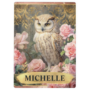 Porte-bloc Aquarelle Vintage Hibou Blanc et Roses Roses