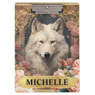 Porte-bloc Aquarelle Vintage Loup Blanc et Roses Roses
