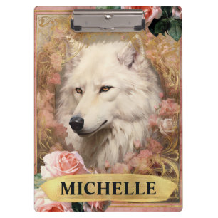 Porte-bloc Aquarelle Vintage Loup Blanc et Roses Roses