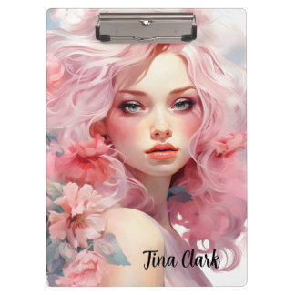 Porte-bloc Belle Femme aux cheveux roses et robe rose