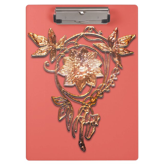 Porte-bloc Bijou Art nouveau laiton floral et pêche élégant (Devant)