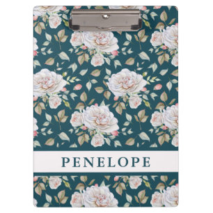 Porte-bloc Bleu foncé avec Floral et Nom