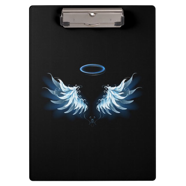 Porte-bloc Blue Glowing Angel Wings on black background (Devant)