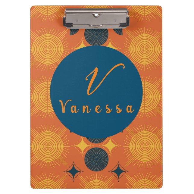 Porte-bloc Boho Céleste Soleil Lune Orange Script Monogramme (Devant)