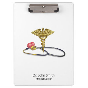 Porte-bloc Caducée Médical en Or & Stéthoscope avec Cœur