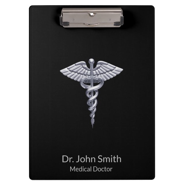 Porte-bloc Caducée Médicale argentée classique sur noir (Devant)