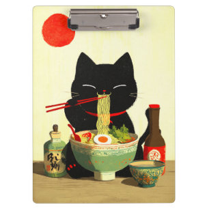 Porte-bloc Chat noir heureux mangeant du Ramen Ukiyo-e japo