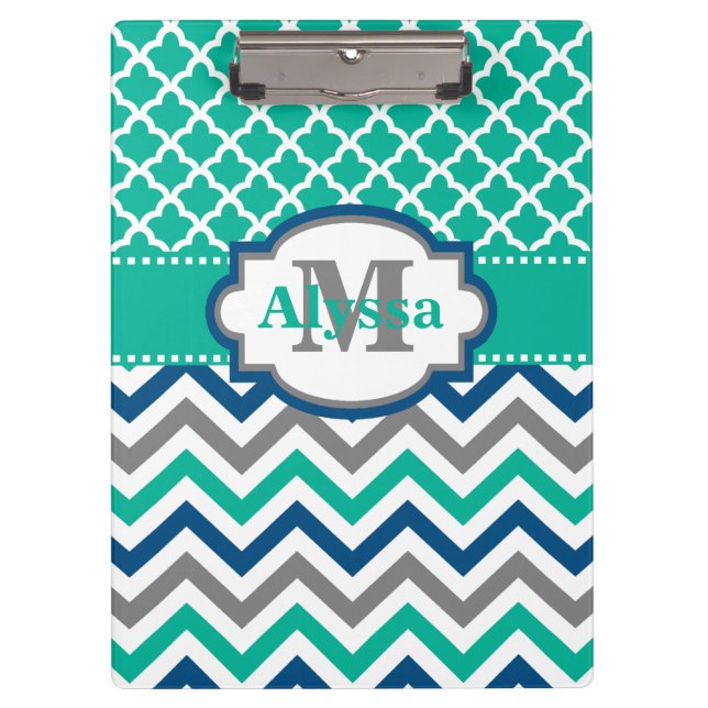 Porte-bloc Chevron bleu turquoise Quatrefoil personnalisé (Devant)
