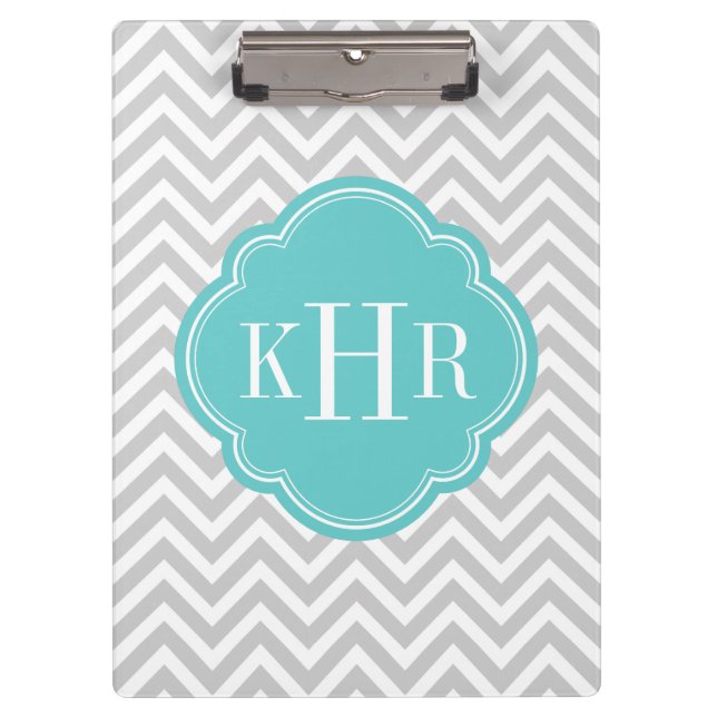 Porte-bloc Chevron gris et turquoise sur mesure Monogramme pe (Devant)