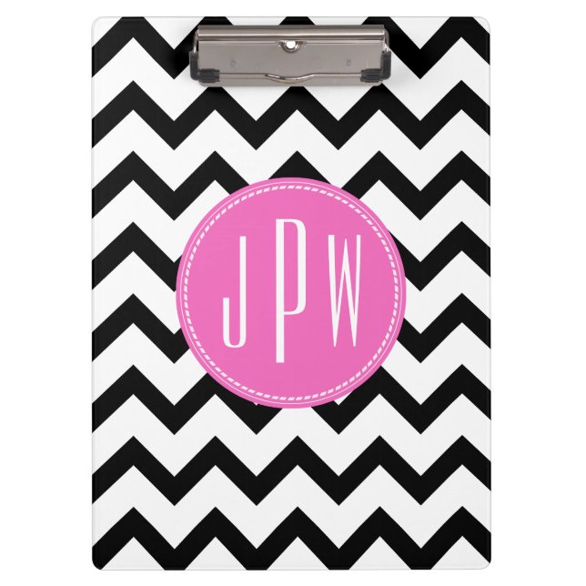 Porte-bloc Chevron noir et monogramme rose (Devant)