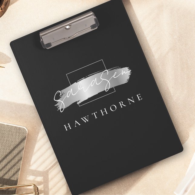 Porte-bloc Chic Brush Stroke Black Faux Silver Brush Monogram (Créateur téléchargé)